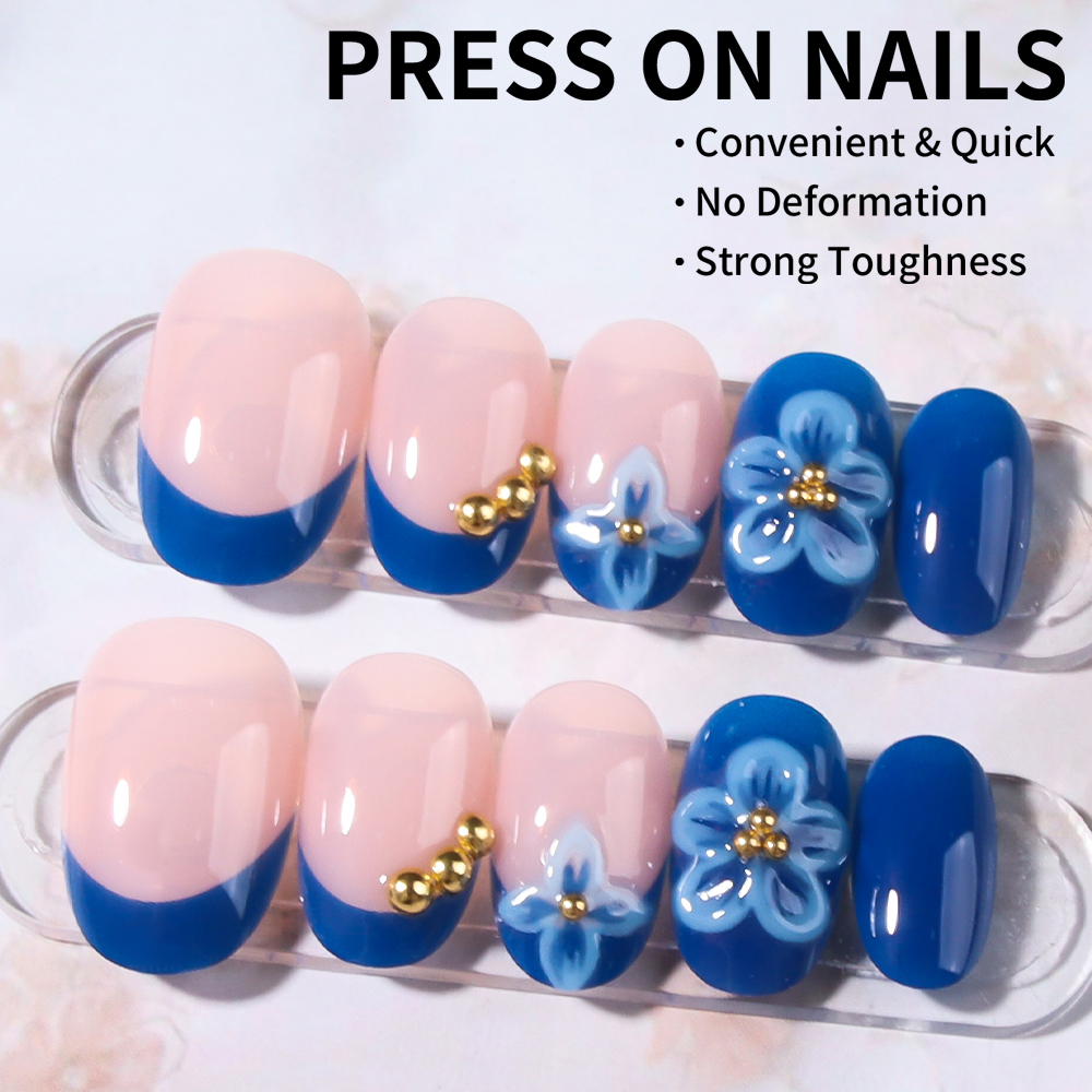 24pcs Short Oval 3D Gel Nail S - Pressed Flower Art avis et prix