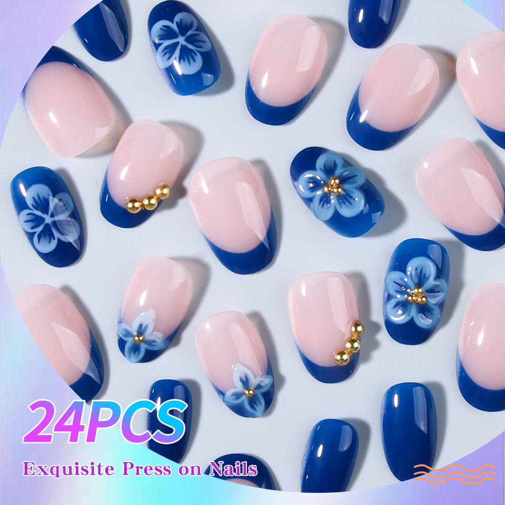 24pcs Short Oval 3D Gel Nail S - Pressed Flower Art avis et prix