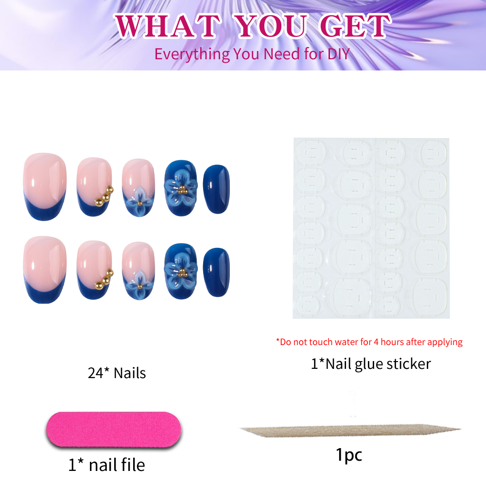 24pcs Short Oval 3D Gel Nail S - Pressed Flower Art avis et prix
