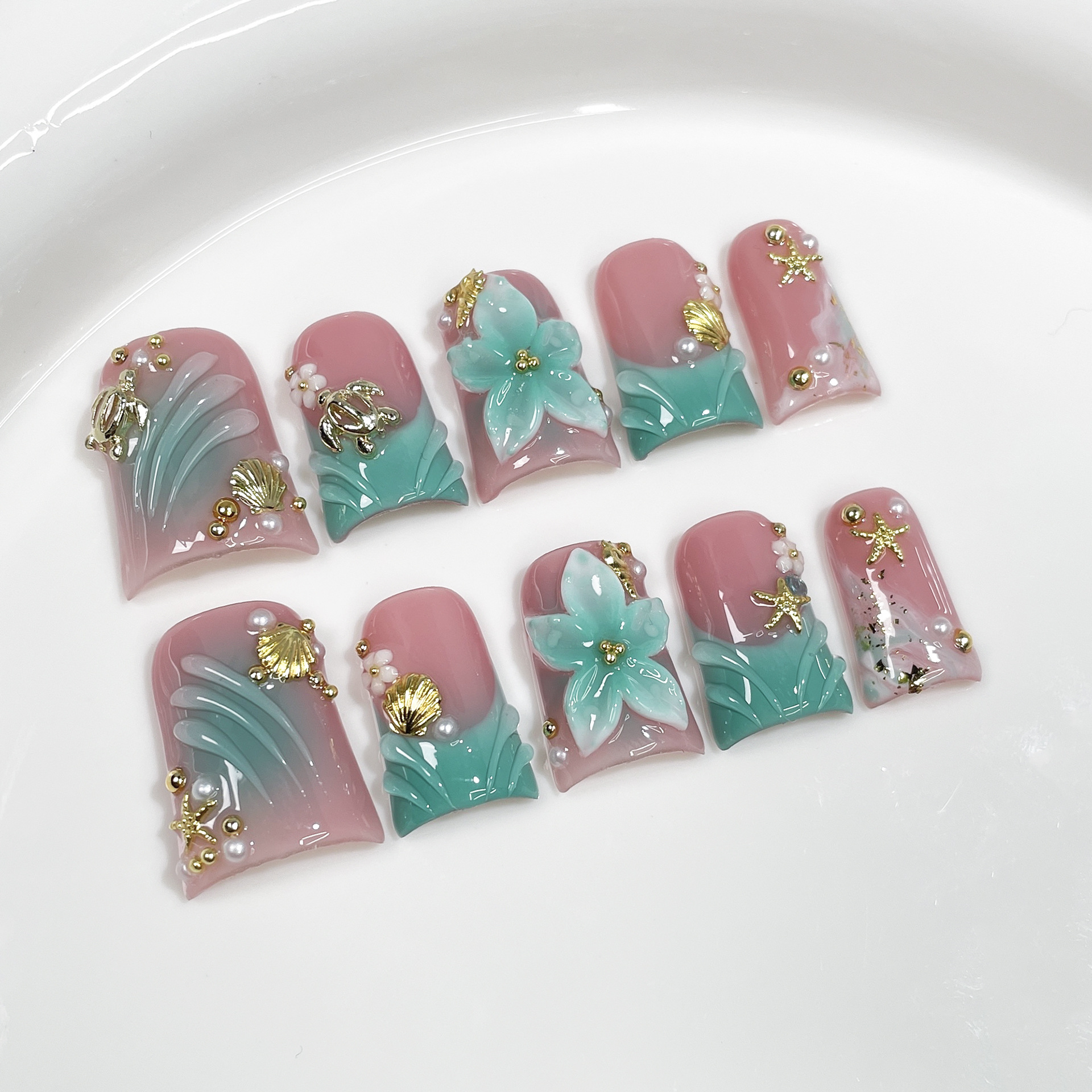 10pcs Ocean Style Fake Nails D - Pressed Flower Art avis et prix